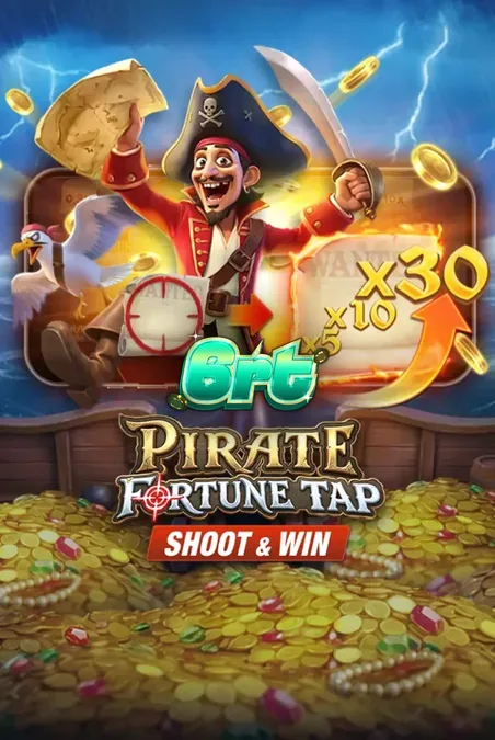 Tampilan visual permainan slot Pirate Fortune Tap dengan latar belakang kapal bajak laut dan mekanisme meriam.